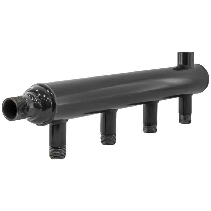 Коллектор распределительный стальной DN32 PN16 вход 15-15 11 выходов НР 1/2'' выход под кран Маевского и импульсную трубку, правосторонний PLP-1