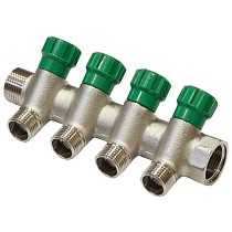 Коллектор латунный никелированныйDN 20 4 выхода G 1/2'' с запорными клапанами плоское присоединение отвода,SGL купить в Воронеже | "Проконсим"