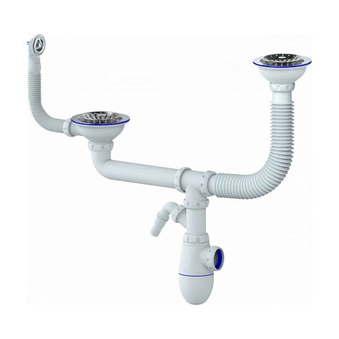 Сифон для двойной мойки Unicorn Y710V, без отвода, 3 1/2'' х40 с отводом для стиральной машины, круглый перелив купить в Воронеже | "Проконсим"
